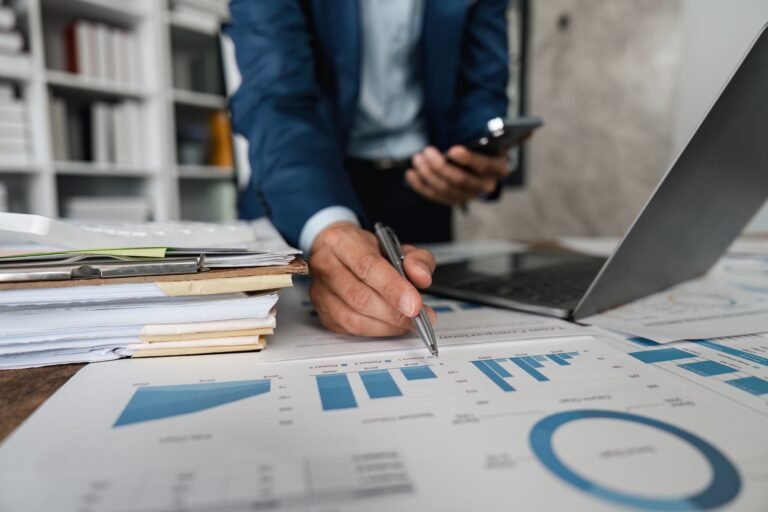 Businessman analyze company performance profits and growth, Marketing research report and income